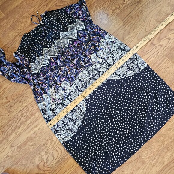 Saloni 100% Silk 3/4 Sleeves Lace Up Plunge Boho Tunic Mini Dress, US 4 - Picture 8 of 9